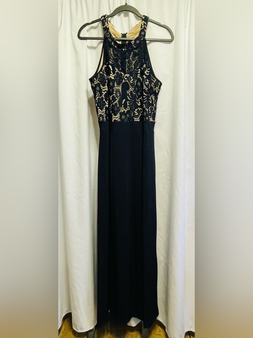 Enfocus Studio Blue Lace Maxi Dress with Nude Underlay